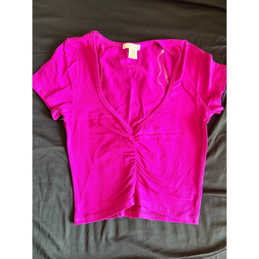 Bozzolo Purple‎ Cropped V-Neck Ruched T-Shirt Women Small Short Sleeve